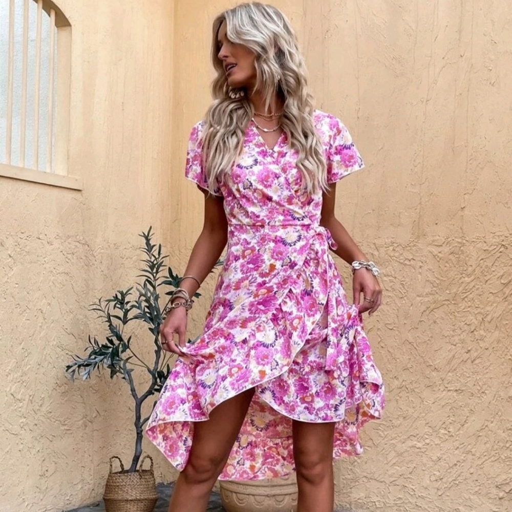 Women's floral chiffon wrap dress